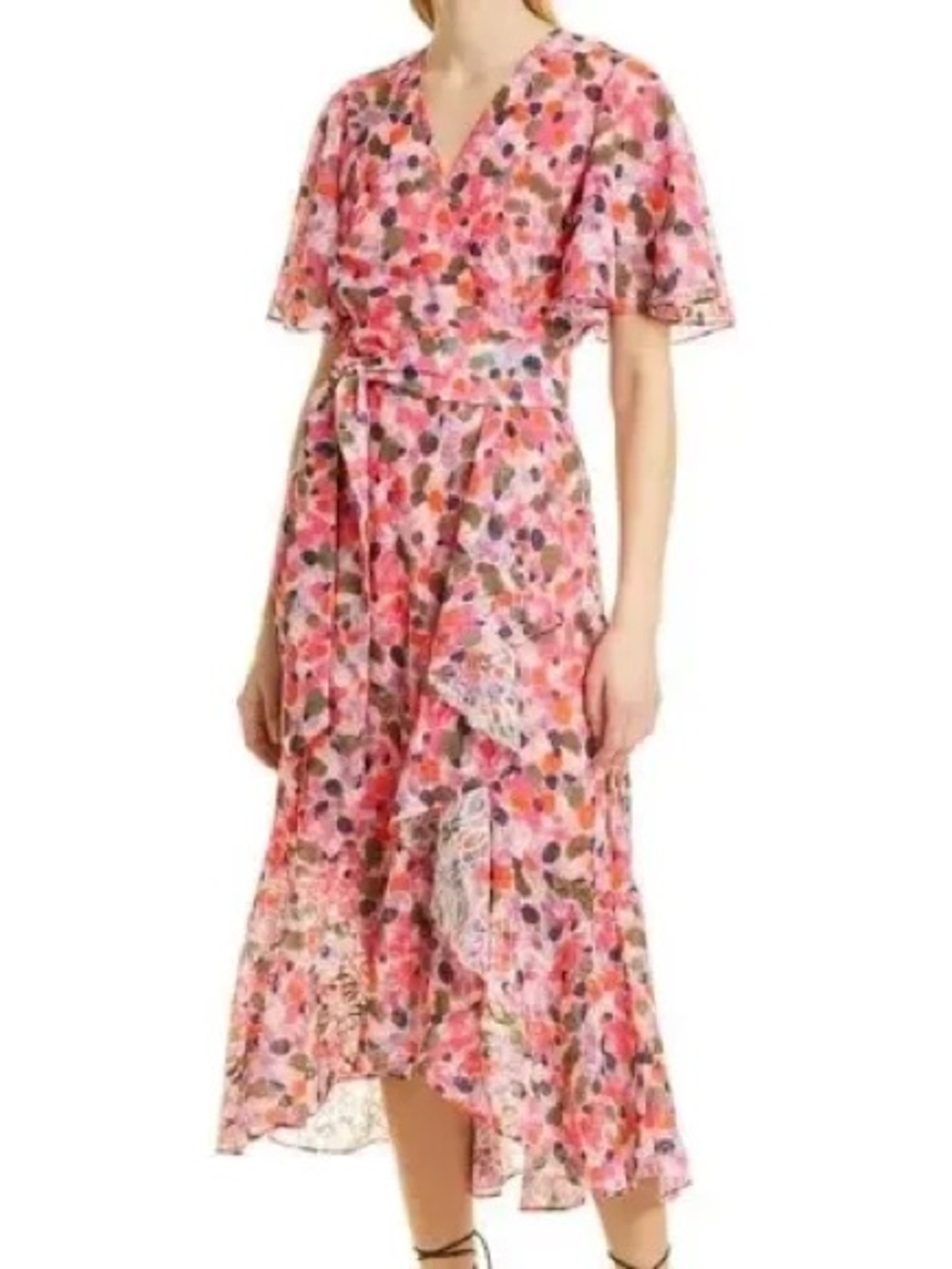 Tanya Taylor Pink Floral High-Low Wrap Dress